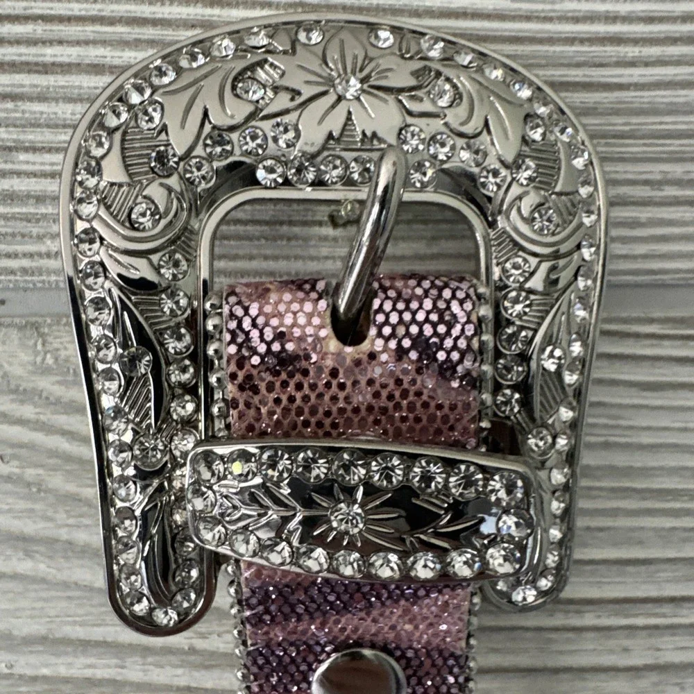 Girls Pink Rhinestone Western Belt Snakeskin Horseshoe Silver Buckle 28 Inch